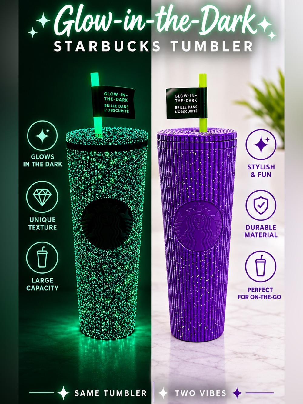 Starbucks Purple Ribbed Tumbler with Neon Green Glow Straw